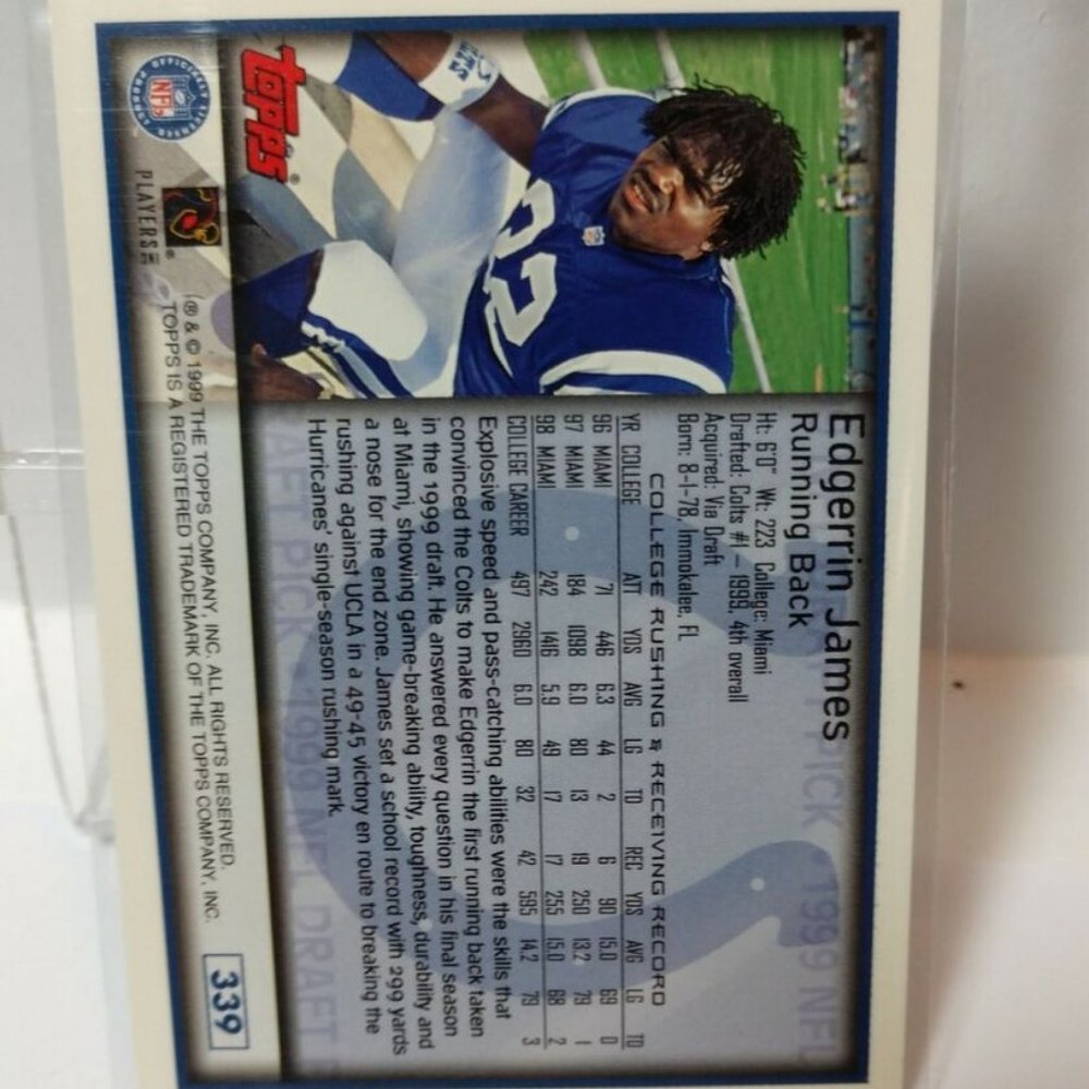 3/$25📌🏈🏈1999 Topps #339 Edgerrin James Indianapolis Colts RC Rookie GQ HOF - Picture 3 of 6